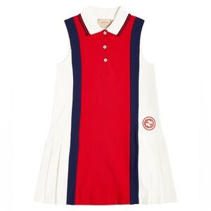 GUCCI Kids Pleated Cotton Jersey Polo Dress – Red, White & Navy (Size 4Y)